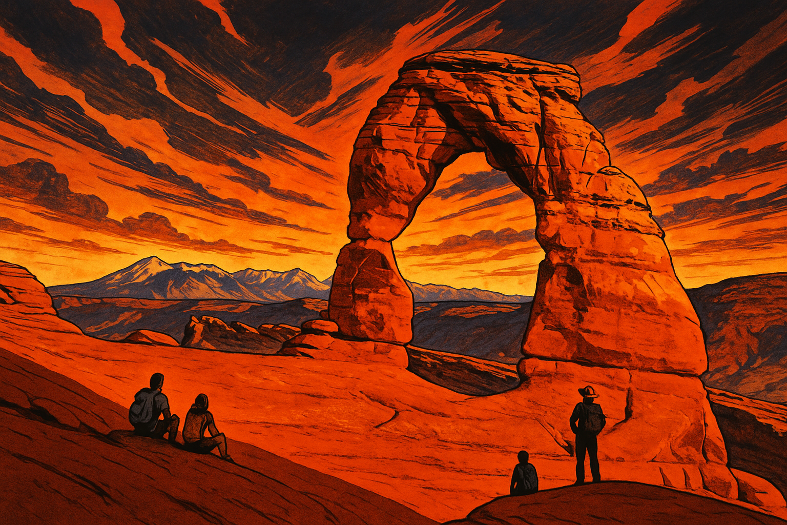 Delicate Arch glowing at sunset in Arches National Park with the La Sal Mountains in the distance.